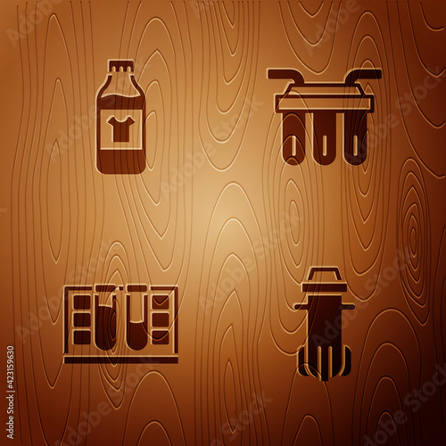 Set Water filter, Bottle for cleaning agent, Test tube with water drop and on wooden background. Vector