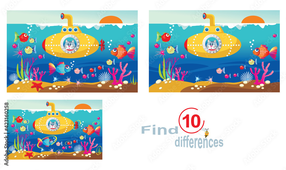 Naklejka premium The cat is a traveler. Find 10 differences, vector image. 