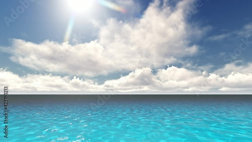 Beautiful tranquil natural vacation seascape with scenic ocean waves in tropical environment, deep clear transparent pure blue water background. A summer travel in paradise, peaceful 3D render
