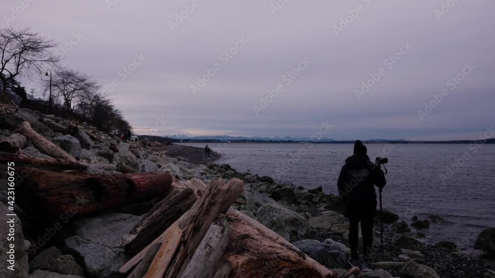 Man walking with tripod and camera over sandy rock beach covered in drift wood and boulders with people walking in the distance clouds trees white rock park Man walking with tripod and camera over sandy rock beach covered in drift wood and boulders with people walking in the distance clouds trees white rock park