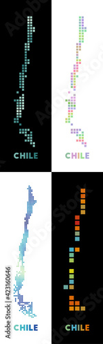 Chile map. Collection of maps of Chile in a dotted style. Borders of the country filled with rectangles for your design. Vector illustration.