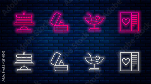 Set line Wedding rings, Cocktail, Cake on plate and Postcard with heart. Glowing neon icon on brick wall. Vector
