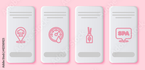 Set line Massage, Sauna thermometer, Aroma diffuser and Spa salon. White rectangle button. Vector