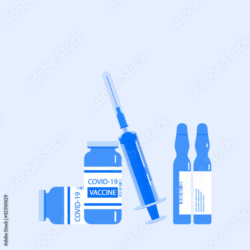 Vaccination. Vector illustration with medical disposable syringe icon and covid-2019 vaccine bottle and ampoules. Treatment of coronavirus. Template medical vaccine for poster, banner, brochure, etc.