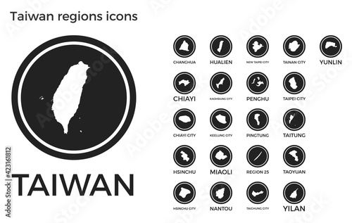 Taiwan regions icons. Black round logos with country regions maps and titles. Vector illustration.