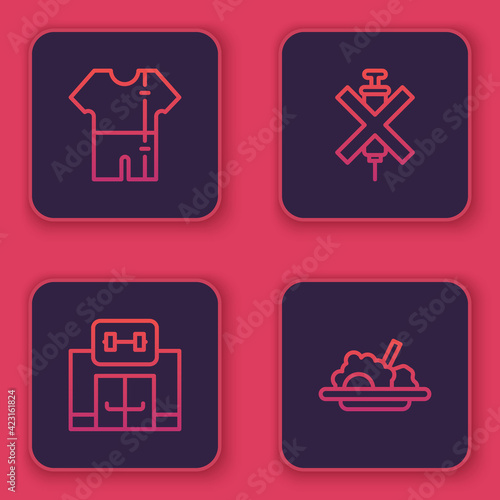 Set line Sport track suit, Gym building, No doping syringe and Healthy food. Blue square button. Vector
