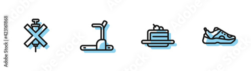 Set line Cake, No doping syringe, Treadmill machine and Sport sneakers icon. Vector