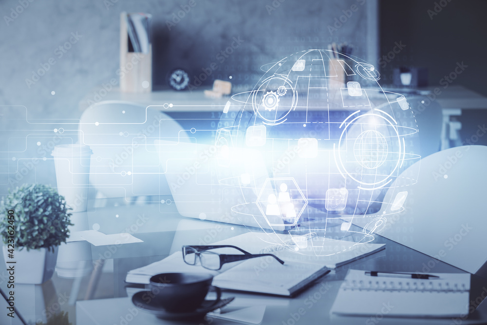 Double exposure of social network theme drawing and office interior background. Concept of web. Double exposure of social network theme drawing and office interior background. Concept of web.