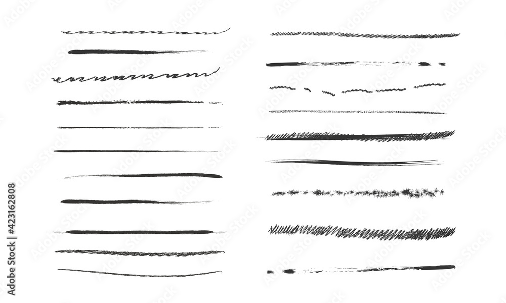 Set of artistic pen brushes.Doodles, ink brushes.Set of vector grunge brushes. Collection of strokes of markers. Set of wavy horizontal lines Set of artistic pen brushes.Doodles, ink brushes.Set of vector grunge brushes. Collection of strokes of markers. Set of wavy horizontal lines