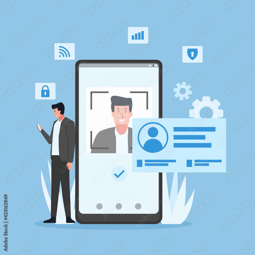 Man hold phone with face recognition. Man hold phone with face recognition.