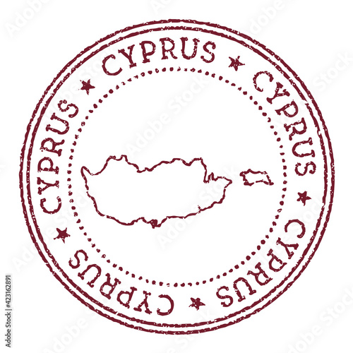 Cyprus round rubber stamp with country map. Vintage red passport stamp with circular text and stars, vector illustration.