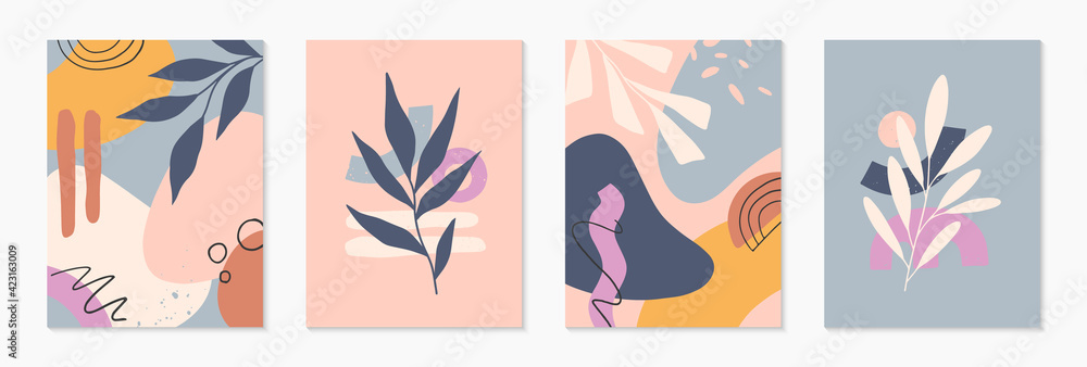 Bundle of mid century modern abstract vector illustrations with organic shapes and plants.Minimalistic art prints.Trendy designs perfect for banners templates;social media,invitations;branding,covers