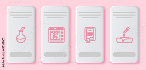 Set line Plant breeding, Chemical online, Certificate template and Petri dish with pipette. White rectangle button. Vector