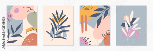 Bundle of mid century modern abstract vector illustrations with organic shapes and plants.Minimalistic art prints.Trendy designs perfect for banners templates;social media,invitations;branding,covers