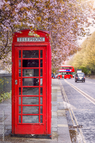 A traditional, red telephone booth under a tree in full spring blossom with blurred street traffic in London, United Kingdom © moofushi