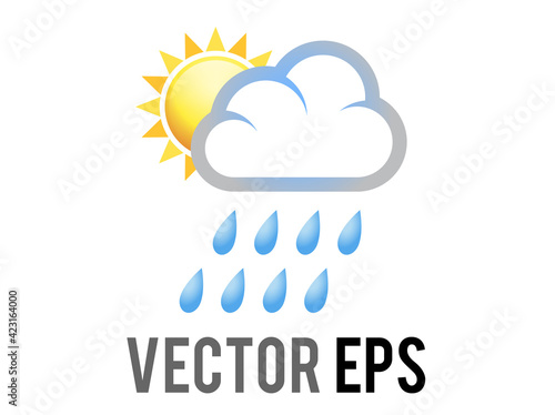 Vector yellow sun half icon covered by rain cloud with blue raindrops