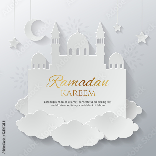 Paper cut style Ramadan Kareem greeting card template. Islamic minimalism background design vector