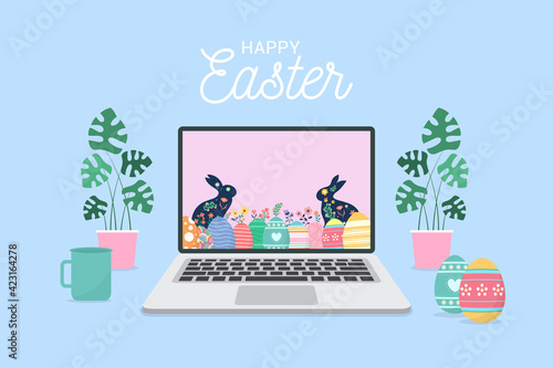 Happy Easter day with online on laptop concept. Easter celebrating at home.vector illustration
