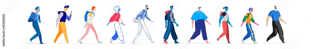 Collezione di personaggi maschili di diversi stili che camminano isolati su fondo bianco