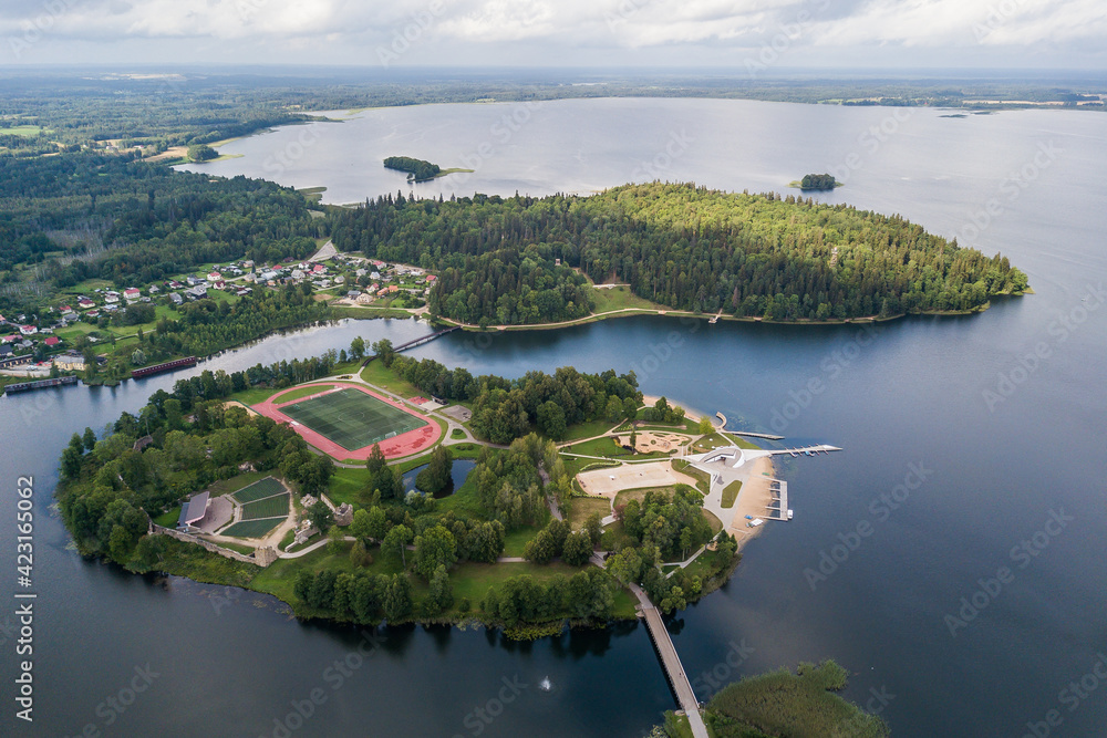 Aerial view over the Aluksne city, lake Aluksne and island, Latvia.