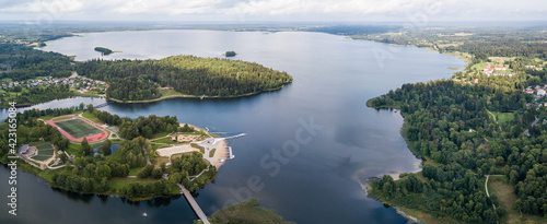 Aerial view over the Aluksne city, lake Aluksne and island, Latvia.
