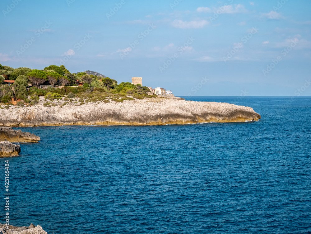 coastal tower on the Tyrrhenian Sea near Marina di Camerota. Salerno, Cilento, Campania, Italy