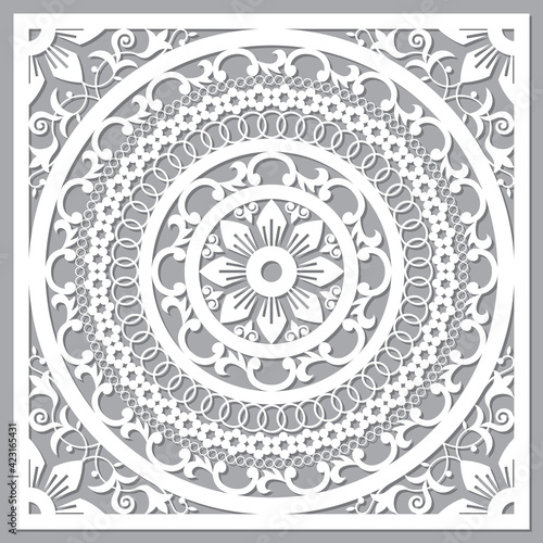 Traditional Moroccan art carved mandala inspired design, vector arabic pattern with flowers, leaves and swirls 