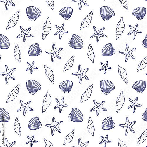 Seamless pattern with seashells and starfish. Vector hand drawn doodle illustration. Blue line on a white background