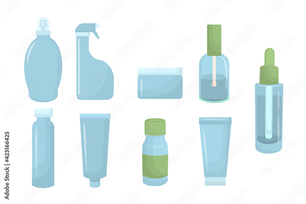 Set of vector illustration of cosmetic bottles in blue-green colors, isolated on white Set of vector illustration of cosmetic bottles in blue-green colors, isolated on white