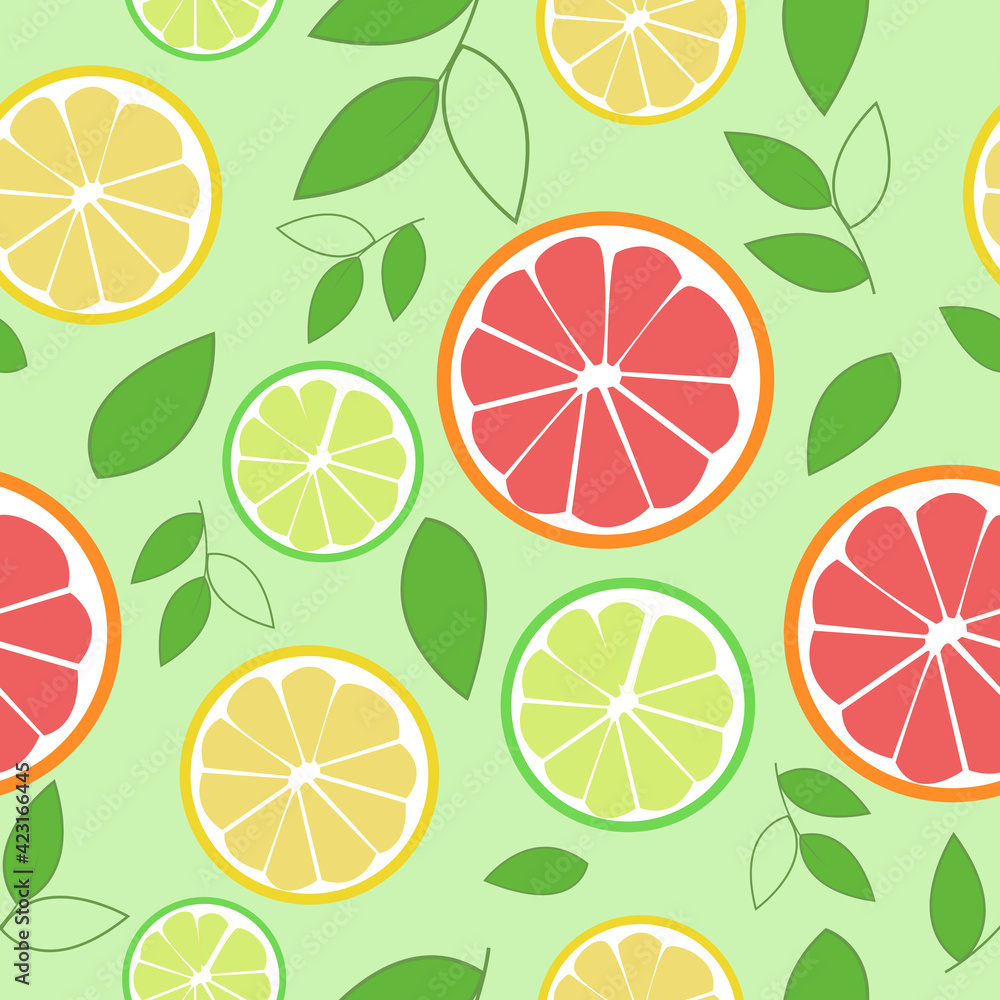 Citruses. Slices of lemon, lime and grapefruit with leaves on a gentle green background. Seamless pattern.