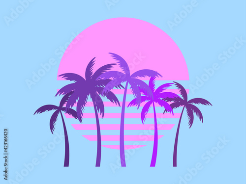 Palm trees against a gradient sun in the style of the 80s. Synthwave and retrowave style. Orange color. Design for advertising brochures  banners  posters  travel agencies. Vector illustration