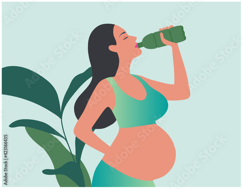 Pregnant woman drinking water bottle vector illustration. Healthy lifestyle mother concept