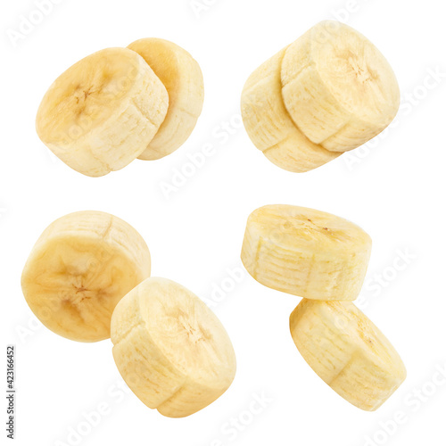 Collection of banana pieces, isolated on white background