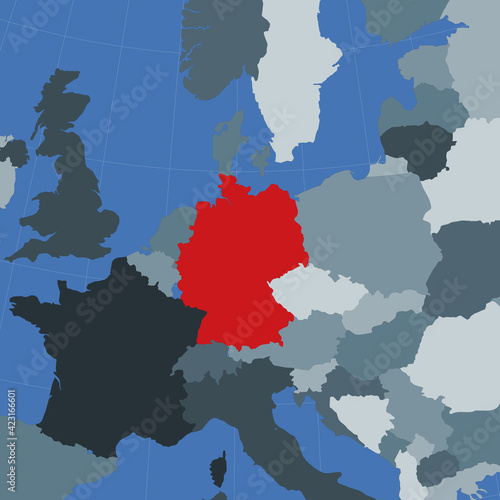 Shape of the Germany in context of neighbour countries. Country highlighted with red color on world map. Germany map template. Vector illustration.