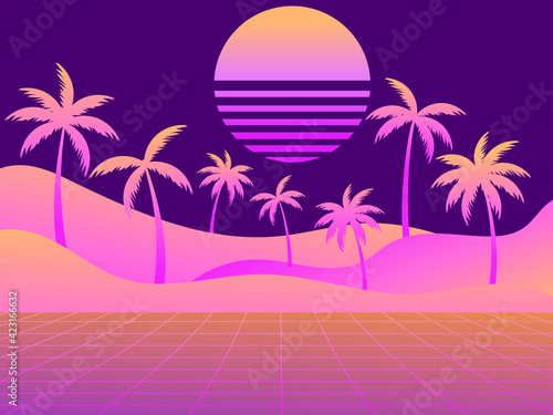 80s retro sci-fi landscape with palm trees. Retro futuristic sun. Synthwave retro background. Retrowave minimalistic style. Vector illustration