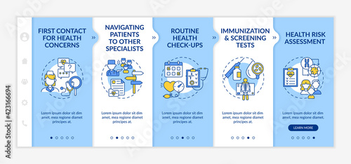 Family doctor responsibilities onboarding vector template. Responsive mobile website with icons. Web page walkthrough 5 step screens. Hospital service color concept with linear illustrations