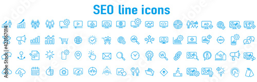Website stats, Target and Increase sales signs. Seo line icons. Traffic management, social network and seo optimization icons. Gear wheel, Search engine and increase mobile sales. Vector