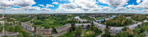 Rzhev, Russia. Panorama 360 of the city center. Aerial view of the Volga and the embankment photo