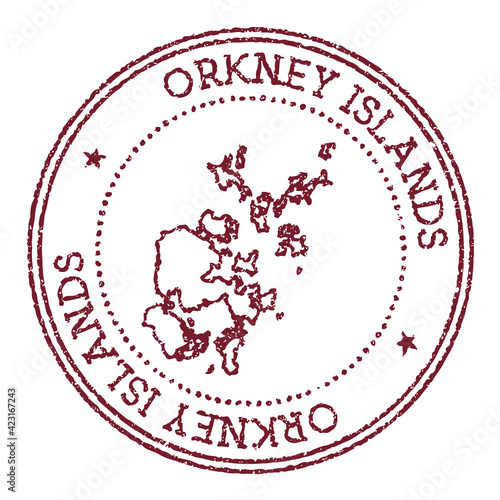 Orkney Islands round rubber stamp with island map. Vintage red passport stamp with circular text and stars, vector illustration.