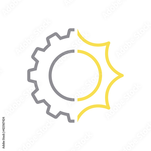 Energía solar. Logotipo con engranaje y sol con lineas en color gris y amarillo