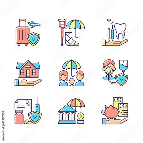 Insurance and protection RGB color icons set. Covering traveling costs. Disability. Dentist visit. Critical illness payout. Protection against economic risks. Isolated vector illustrations