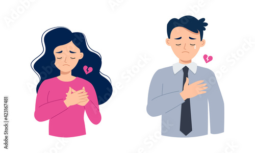 Man and woman feel sad because of heart broken and lonely. Flat vector cartoon design