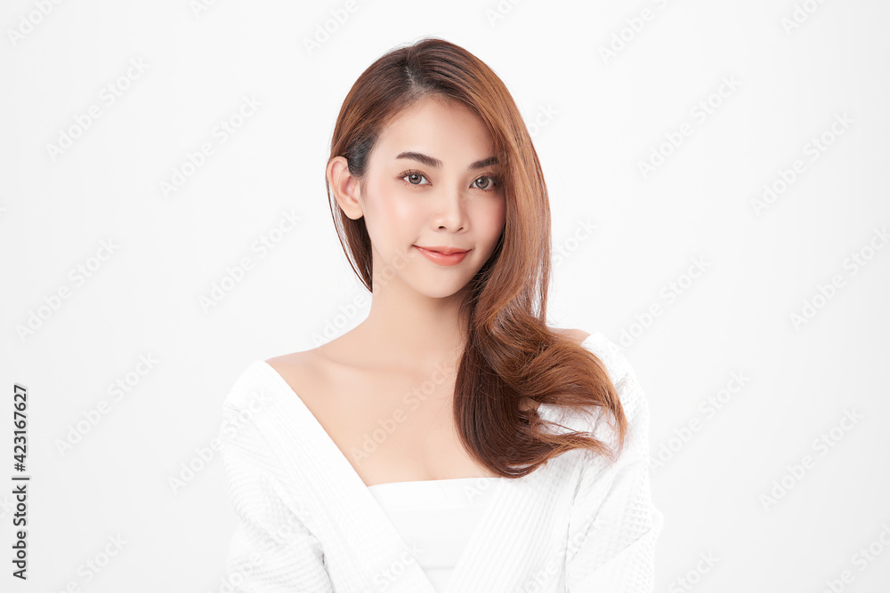 Beautiful young asian woman with clean fresh skin on white background, Face care, Facial treatment, Cosmetology, beauty and spa, Asian women portrait