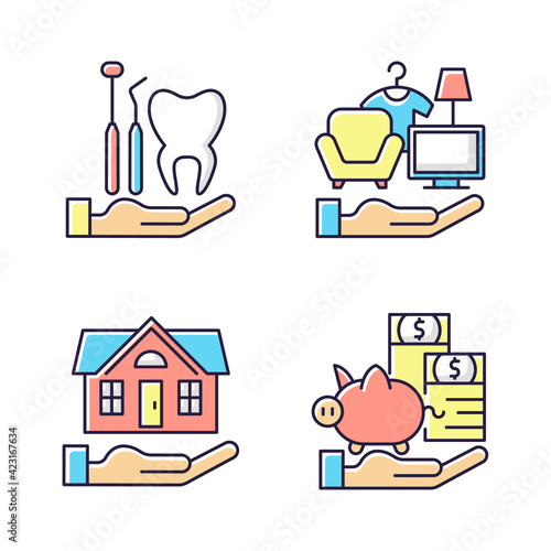 Insurance and protection RGB color icons set. Dental care. Property coverage. Payment protection. Repairing house. Healthy teeth achieving. Possessions insurance. Isolated vector illustrations