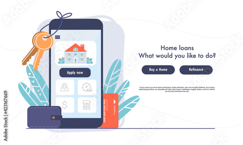 Home loans online landing page template. Keys to the house hang on mobile phone. Home-buying, property digital purchase concept. Flat cartoon vector illustration