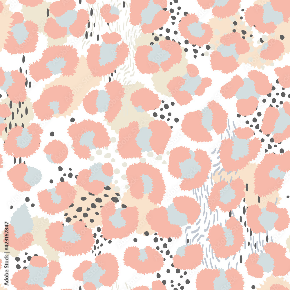 Vector Minimal Pastel Leopard and Abstract Seamless Pattern, Beige, Pink and Light Blue. Vector Minimal Pastel Leopard and Abstract Seamless Pattern, Beige, Pink and Light Blue.