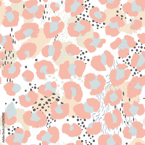 Vector Minimal Pastel Leopard and Abstract Seamless Pattern, Beige, Pink and Light Blue.