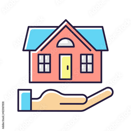 Home insurance RGB color icon. Insured event. Covering accident expenses for repairing, rebuilding house. Homeowners insurance policy. Protection from natural disasters. Isolated vector illustration
