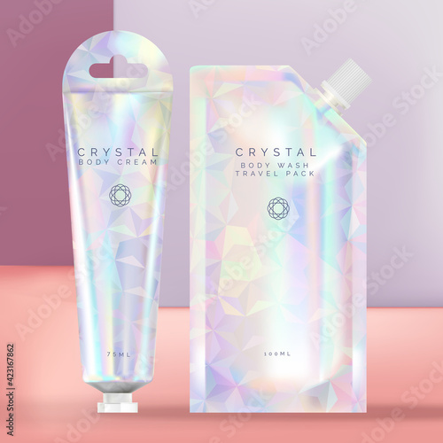 Vector Holographic Pouch, Sachet or packet Shower Wash and Hand Cream Tube with Hanger Packaging, Crystal Theme