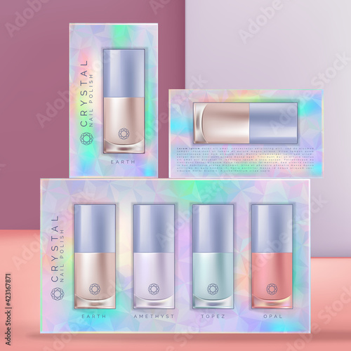 Vector Holographic or Iridescent Beauty Nail Varnish or Polish Set. Window Packaging Box, Geometric Crystal Theme.